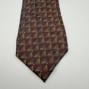 Van Heusen 100% Silk Necktie Tie Red  Orange &  Silver Geometric Checkered Shiny